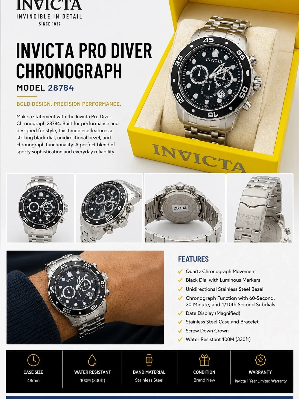 Invicta Men's Stainless Steel Chronograph Watch - Black & Silver